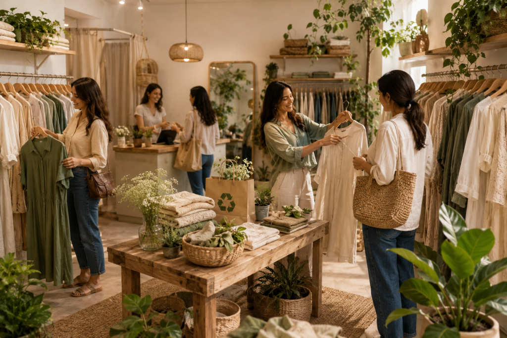 Sustainable fashion boutique with eco-friendly clothing and natural fabrics.