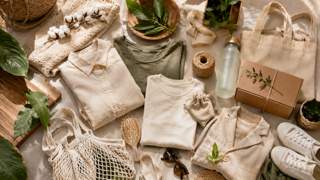 Sustainable fashion essentials with organic clothing and eco-friendly accessories.