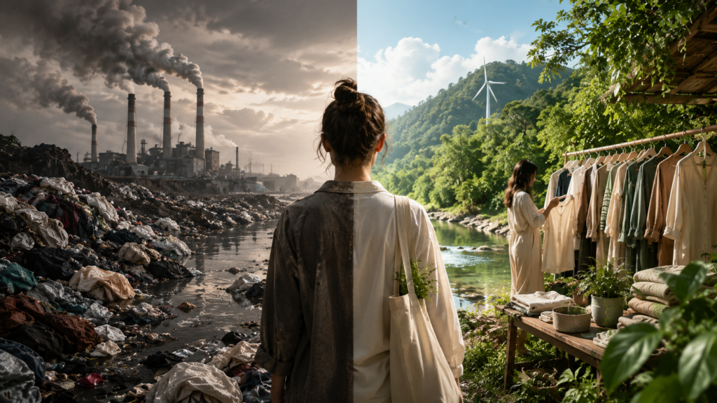 Sustainable fashion reducing textile waste and environmental pollution.