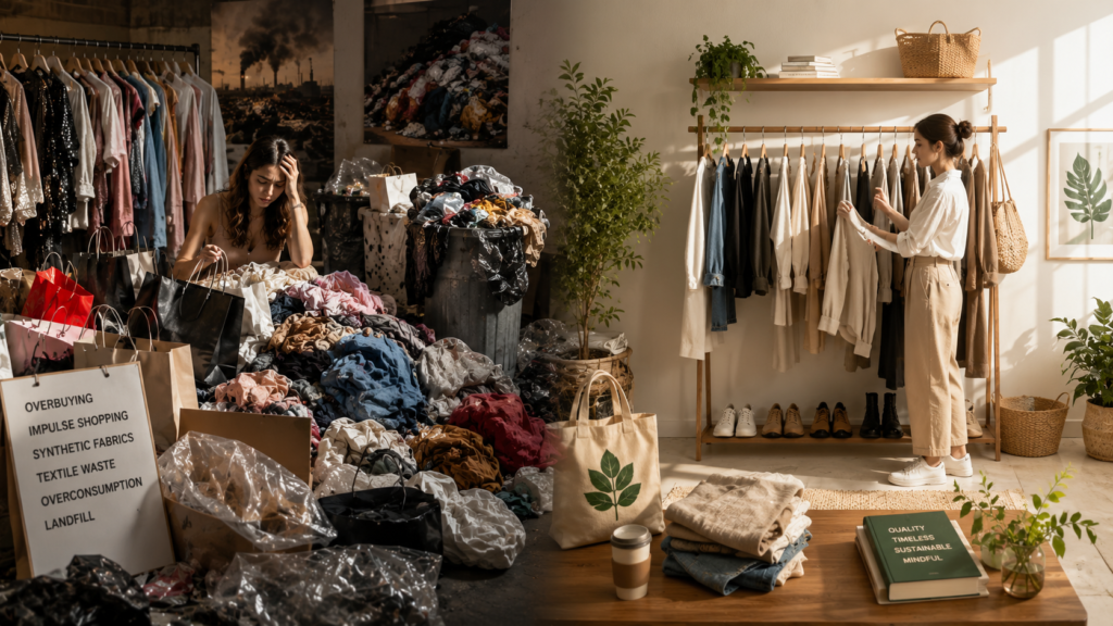 Unsustainable fashion habits causing textile waste and overconsumption.