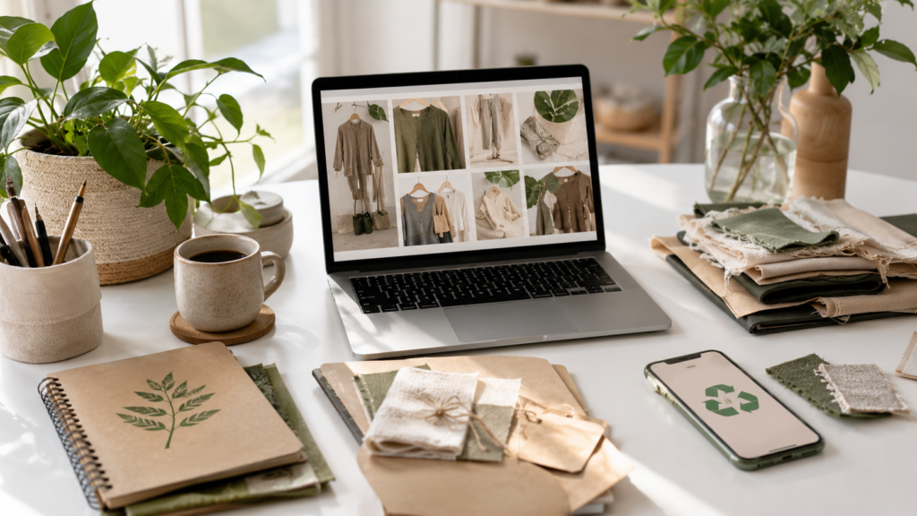Sustainable fashion FAQ workspace with eco-friendly clothing designs and fabric samples.
