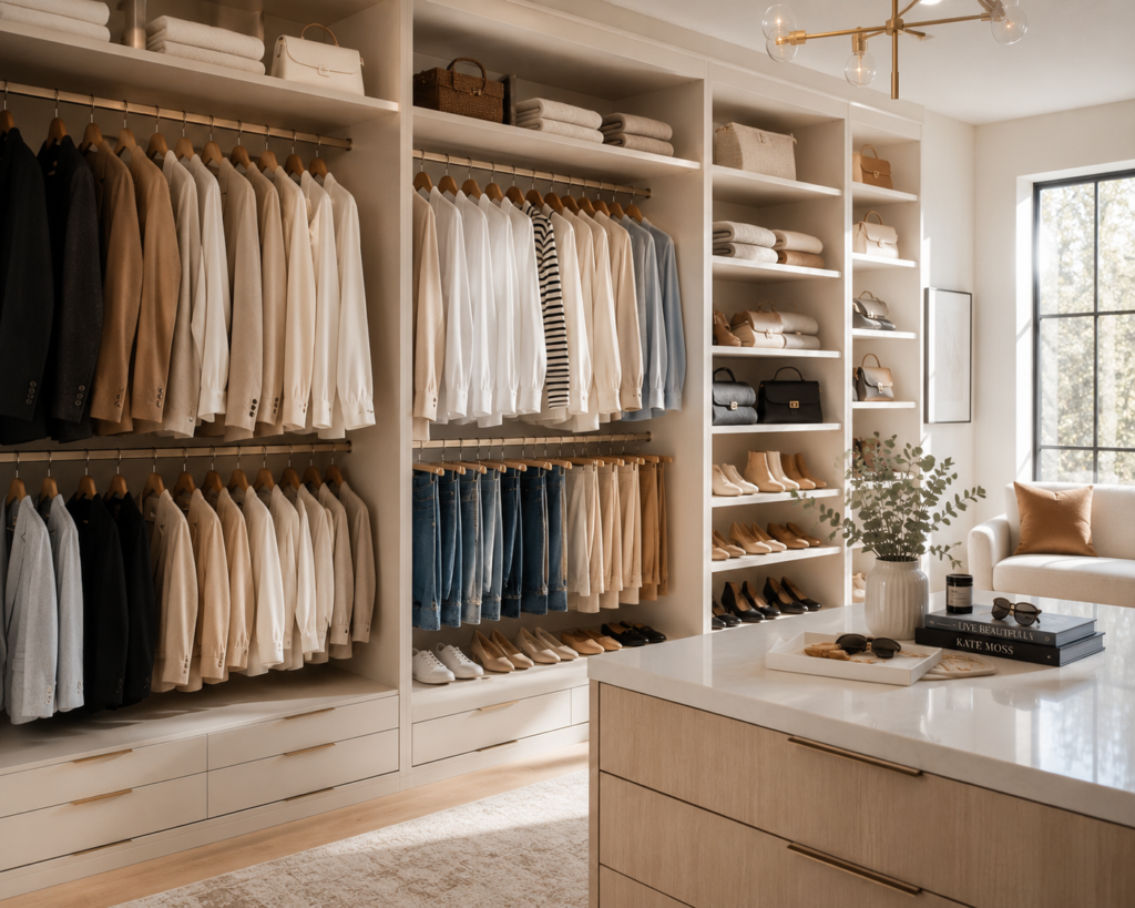 Organized capsule wardrobe with minimalist clothing