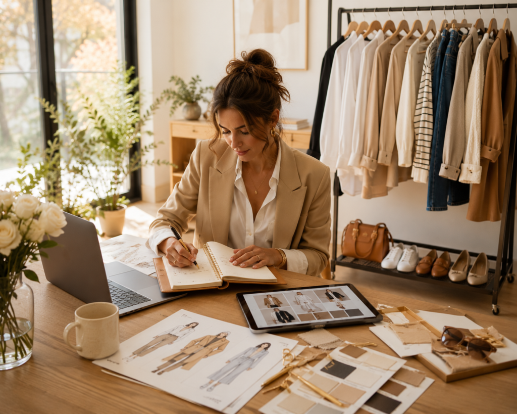 Woman planning a capsule wardrobe in a luxury Scandinavian home office with timeless neutral fashion essentials.