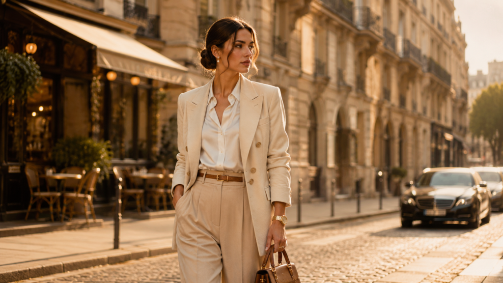  Old Money Style for Women featuring an elegant woman wearing a timeless cream blazer, tailored trousers, and classic luxury accessories. neutral outfit in a luxurious European street.