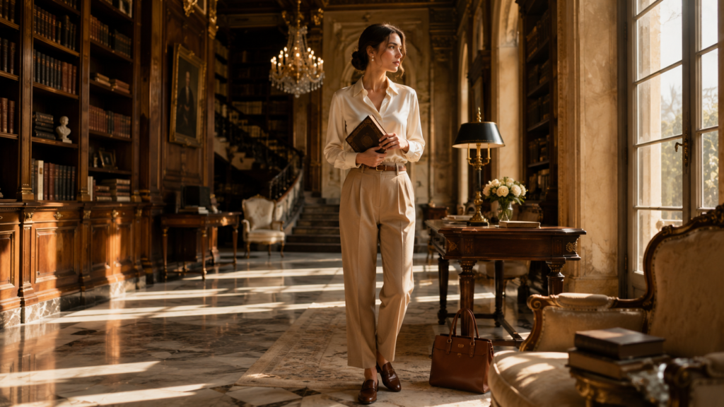 Elegant woman wearing Old Money style outfit with neutral colors and tailored clothing.