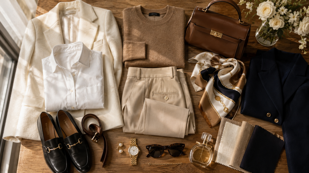 Old Money wardrobe essentials arranged in a timeless neutral color palette.