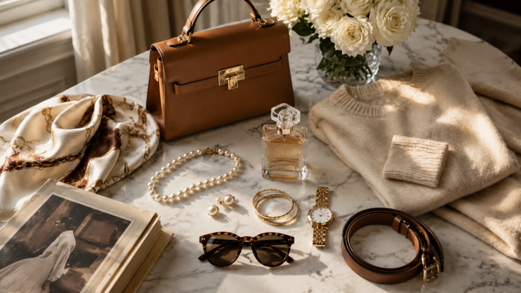 Elegant Old Money accessories including pearls and leather handbag.