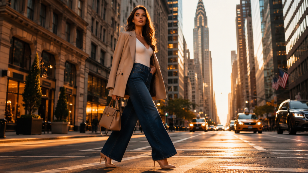 Woman wearing wide-leg jeans and beige blazer walking in New York City.