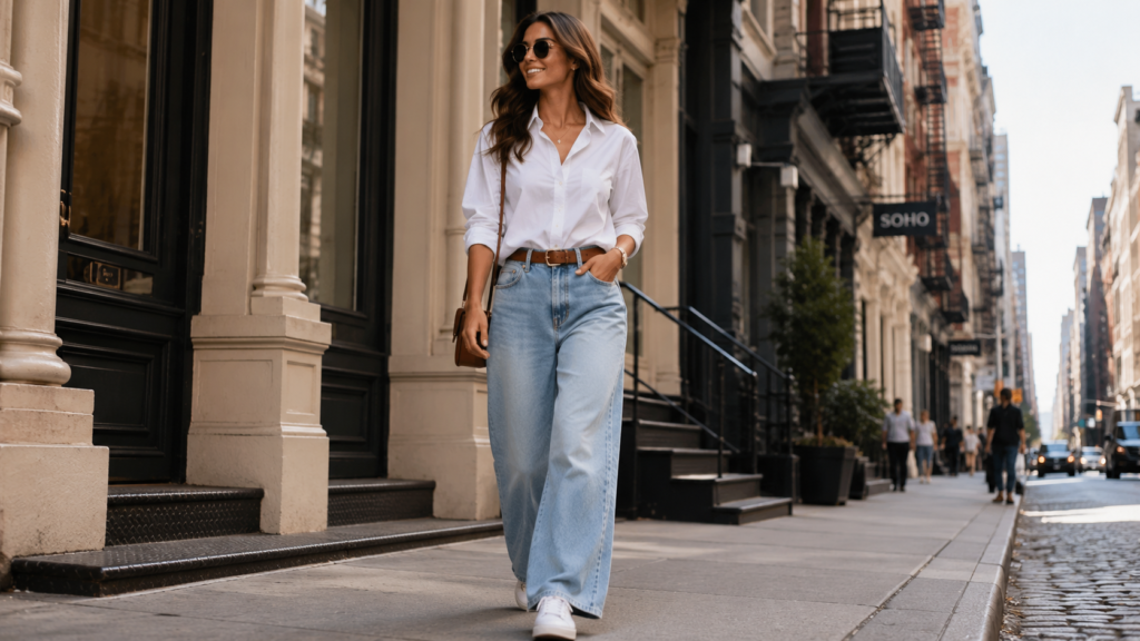 White shirt styled with light blue wide-leg jeans.