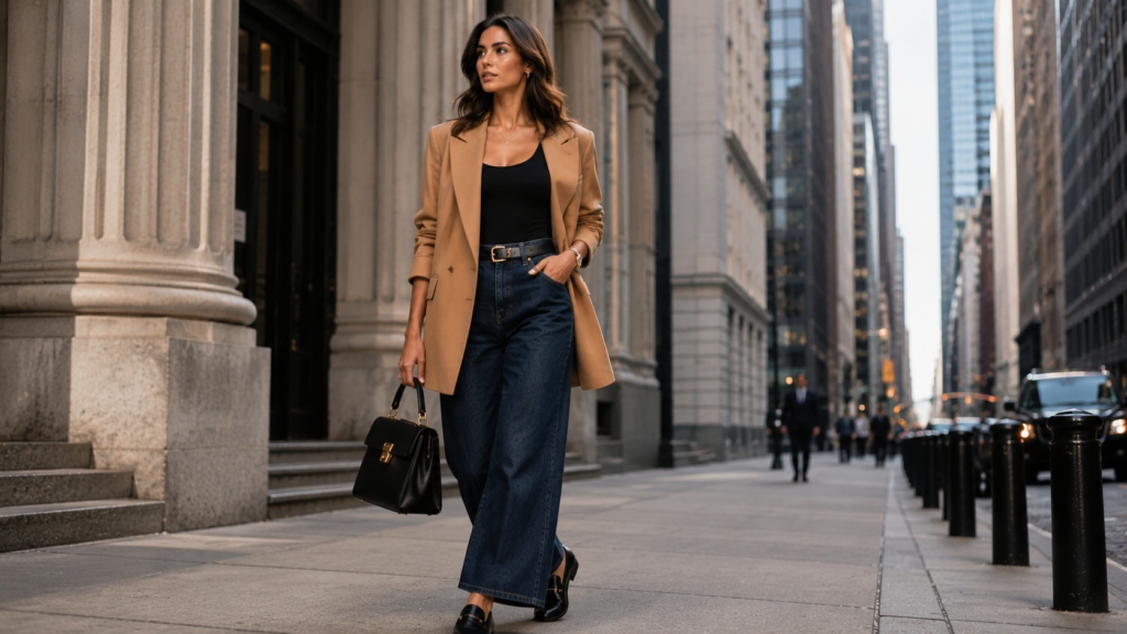 Camel blazer with dark wide-leg jeans for a smart casual outfit.