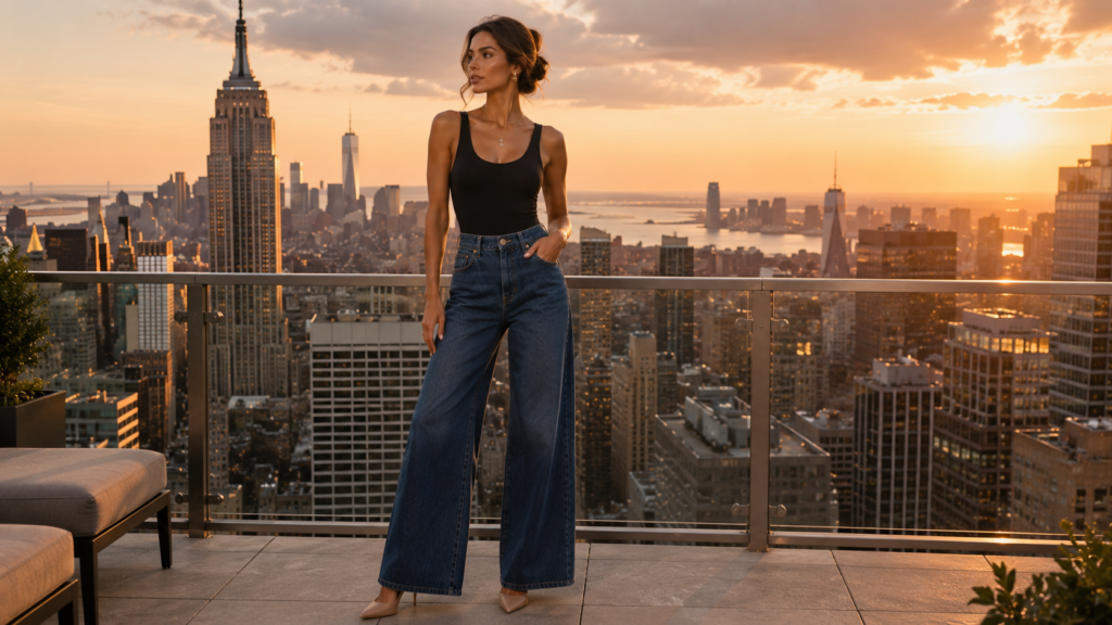 Black bodysuit paired with high-waisted wide-leg jeans.