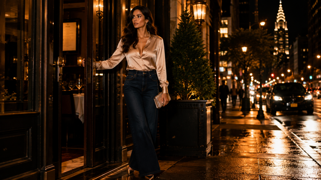 Satin blouse styled with dark wide-leg jeans for an evening look.