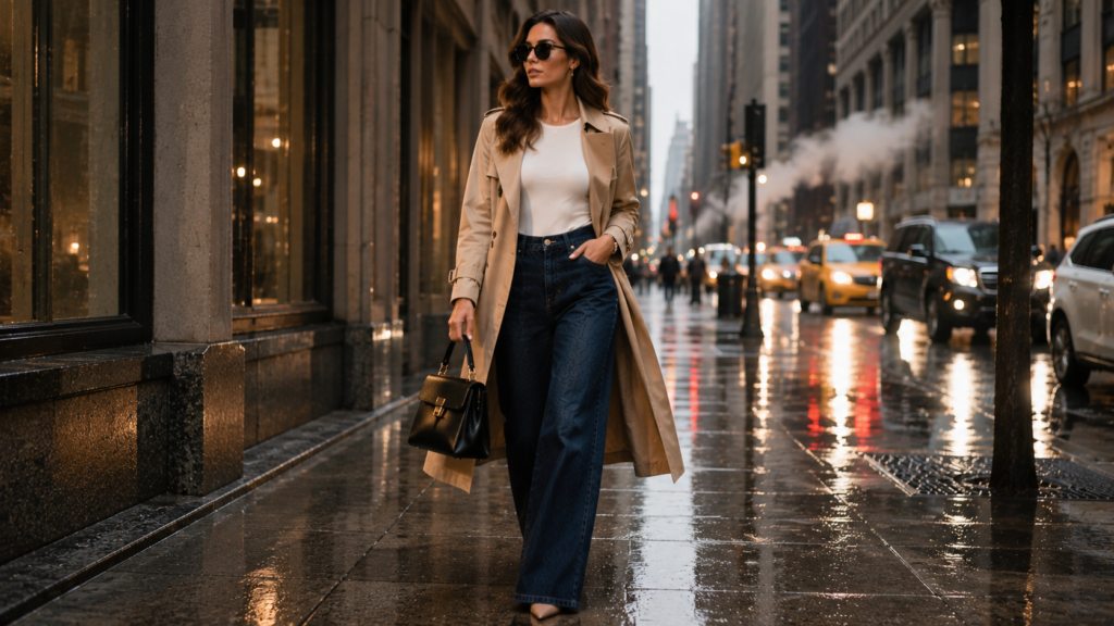 Cozy cream knit sweater with wide-leg jeans in autumn.