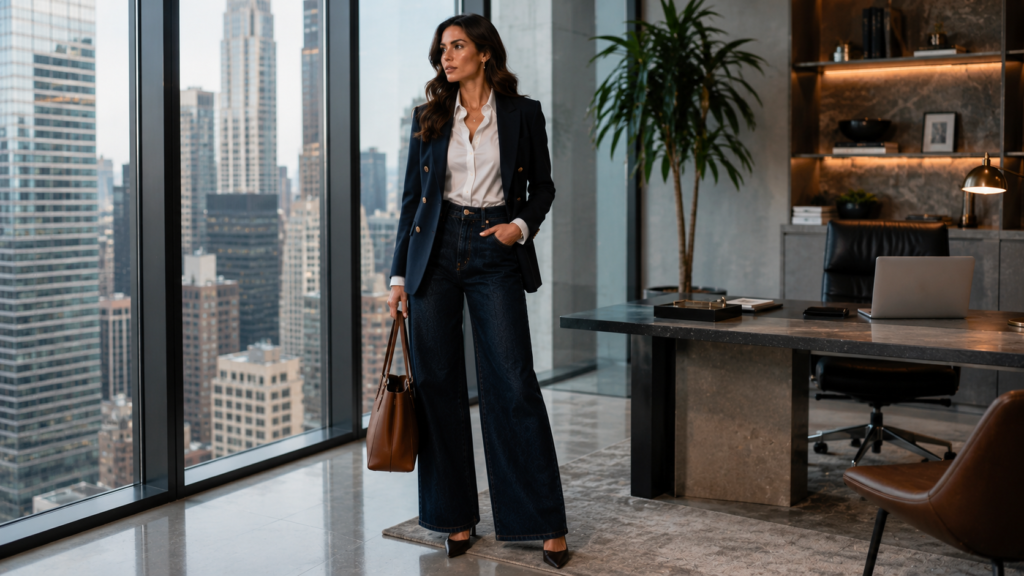 Business casual office outfit with blazer and wide-leg jeans.
