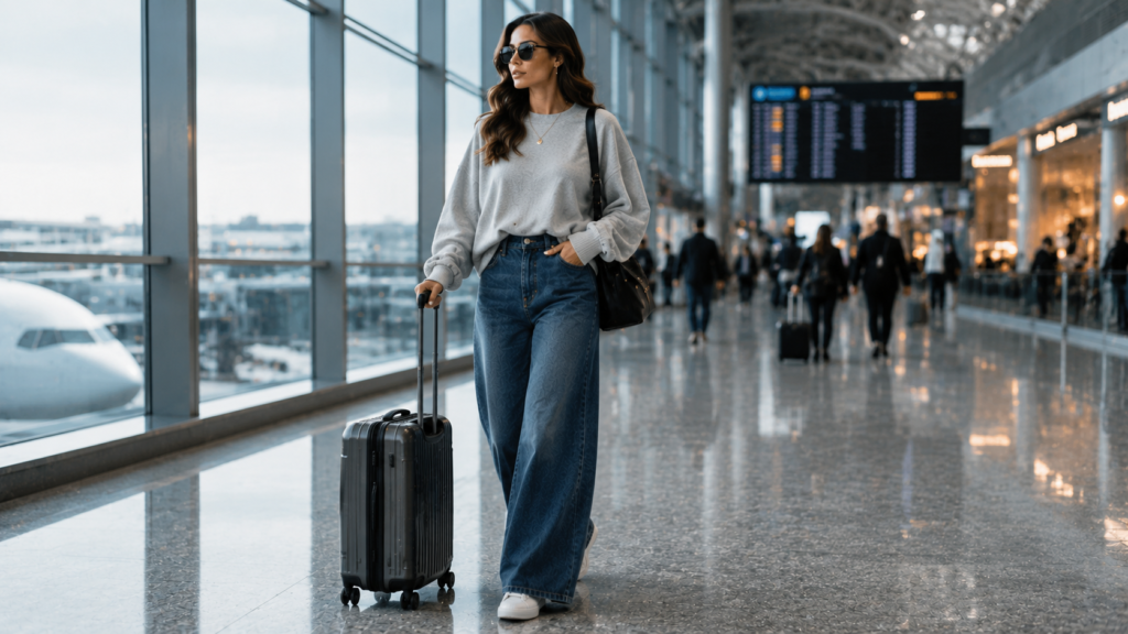Comfortable airport outfit featuring wide-leg jeans and white sneakers.