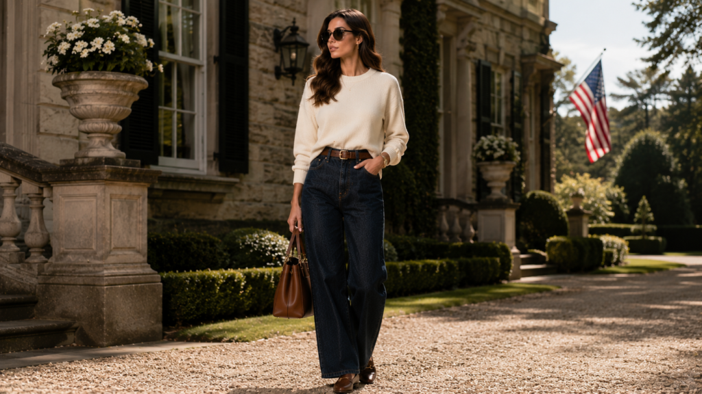 Parisian-inspired outfit with striped top and wide-leg jeans.