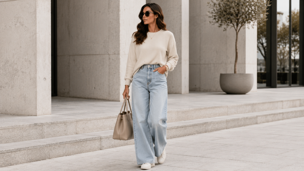Old Money style featuring cashmere sweater and wide-leg jeans.