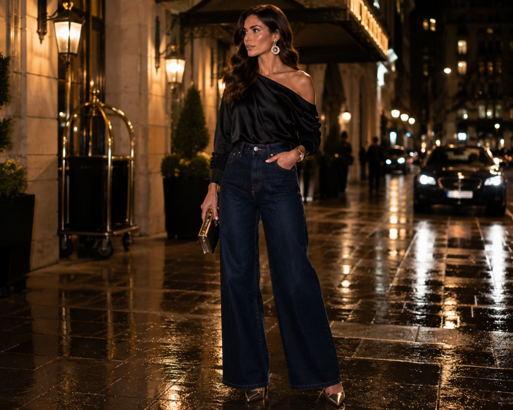 Elegant evening outfit with satin top and dark wide-leg jeans.