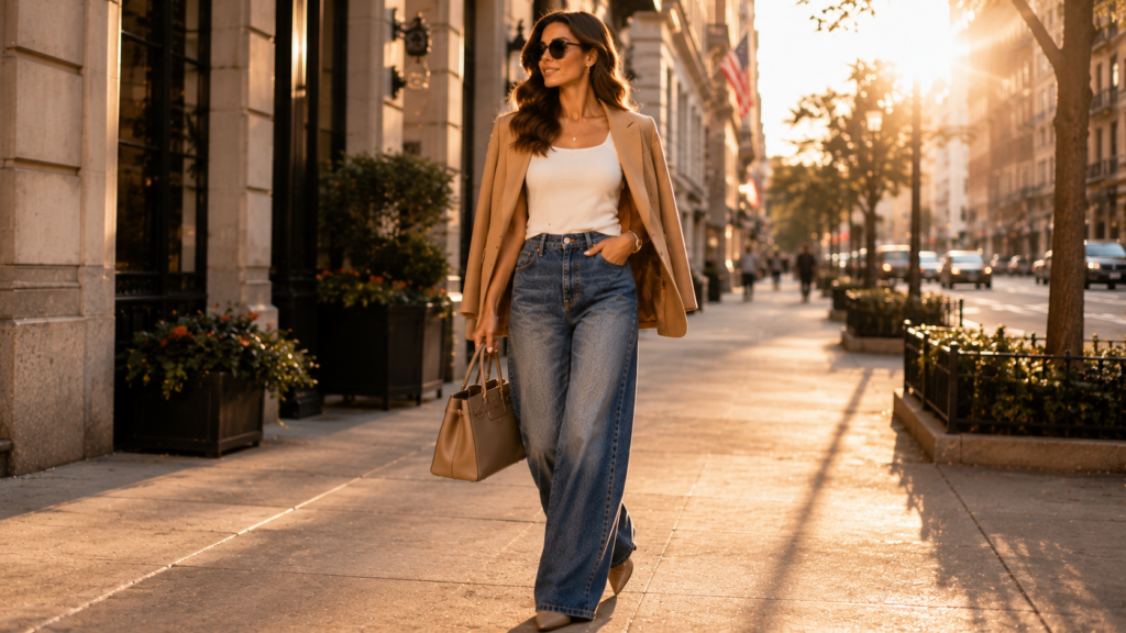 Confident woman in wide-leg jeans and camel blazer walking at sunset.