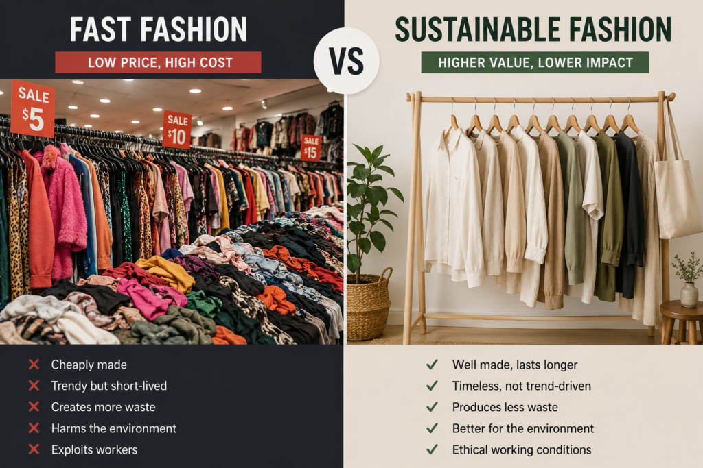 Fast fashion vs sustainable fashion comparison showing environmental impact.