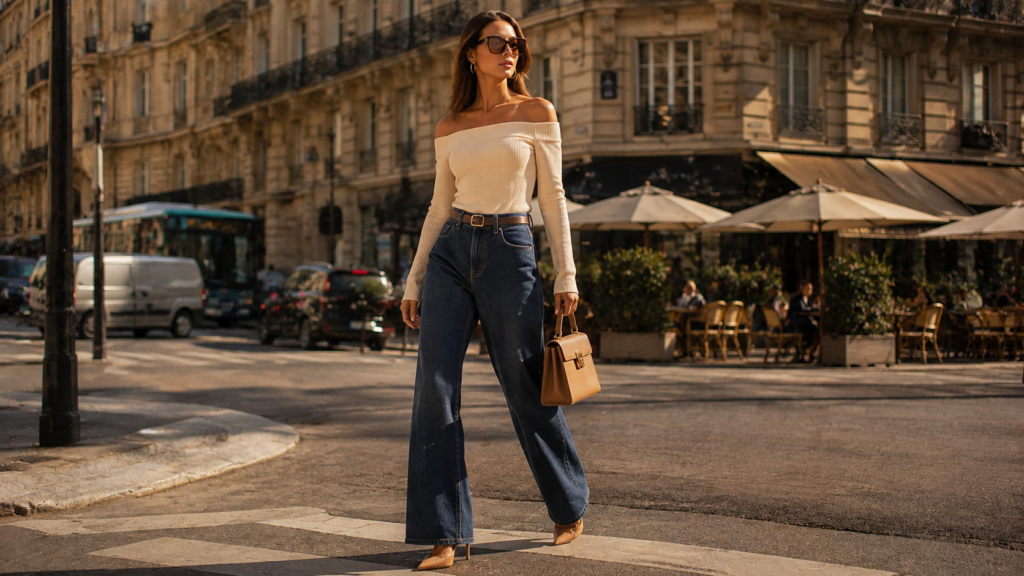 Woman styling wide-leg jeans with an elegant off-shoulder top in Paris
