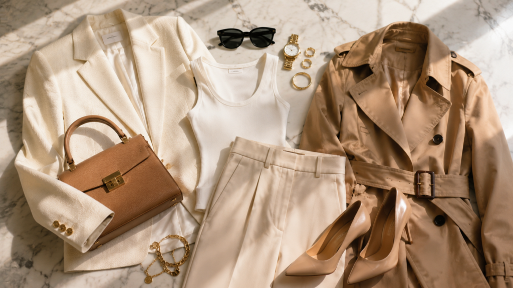 Neutral wardrobe essentials for creating expensive-looking outfits.