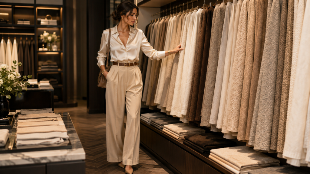 Woman choosing quality fabrics for a timeless wardrobe.