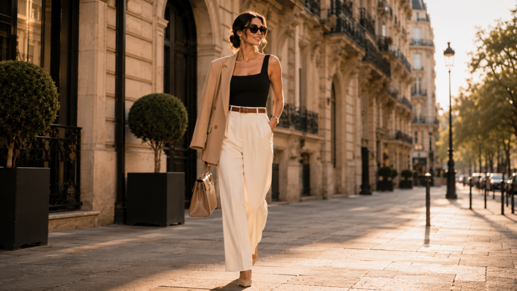 Confident woman wearing a timeless outfit that looks elegant without designer brands.